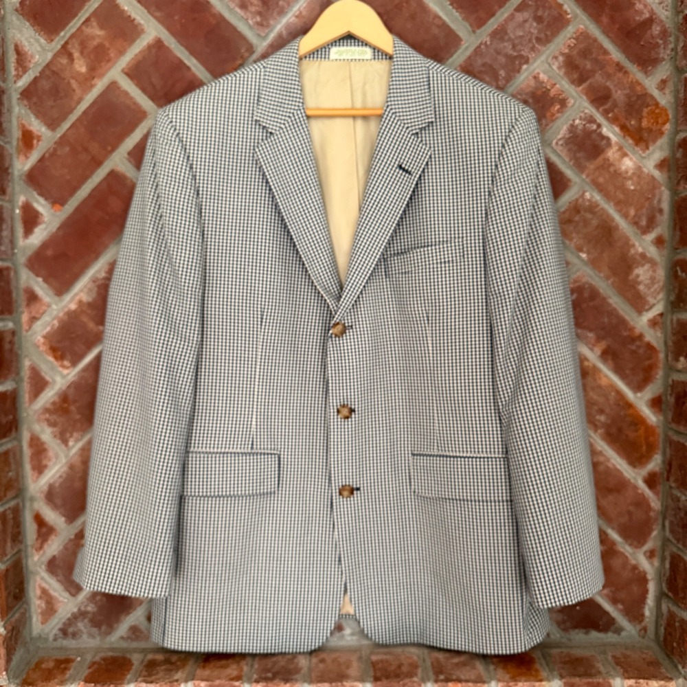 VtgOrvis Sport Coat Men Size 44 Blue Tan Gingham Check 3-Button Blazer Jackset